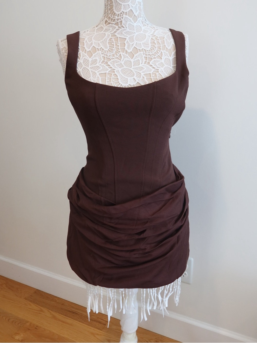 Chocolate Brown Ruched Mini Dress with Square Neck - Picture 2 of 5